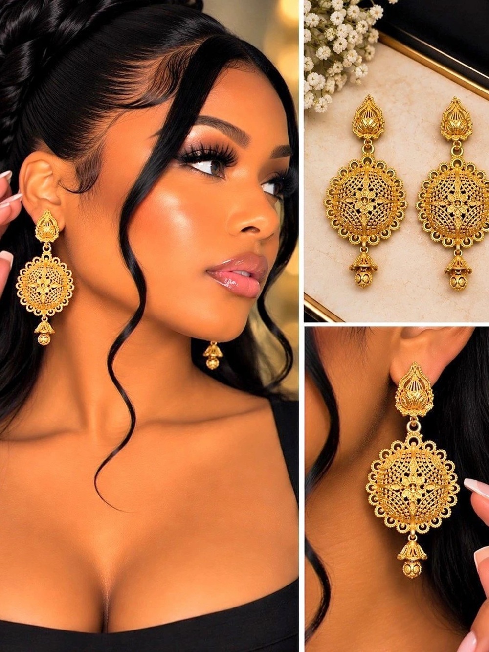 Gold Filigree Drop Earrings Like New